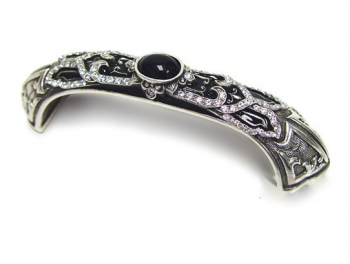 3 1/2" (89mm) Chinoiserie Pull Jet with Clear Swarovski Crystal and Jet Cabochon in Burnish Silver